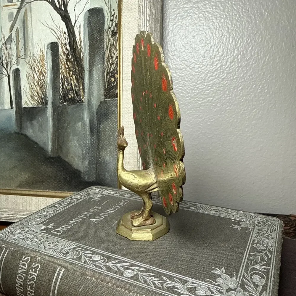 VTG Brass Peacock Figurine Enamel Tail India 4.5” MCM Hollywood Regency Decor - Picture 2 of 8